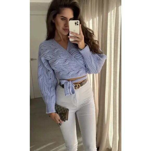 ZARA Wrap Cardigan Chunky Cable Knit Cropped Sweater Periwinkle, Bloggers Fav - Picture 2 of 13